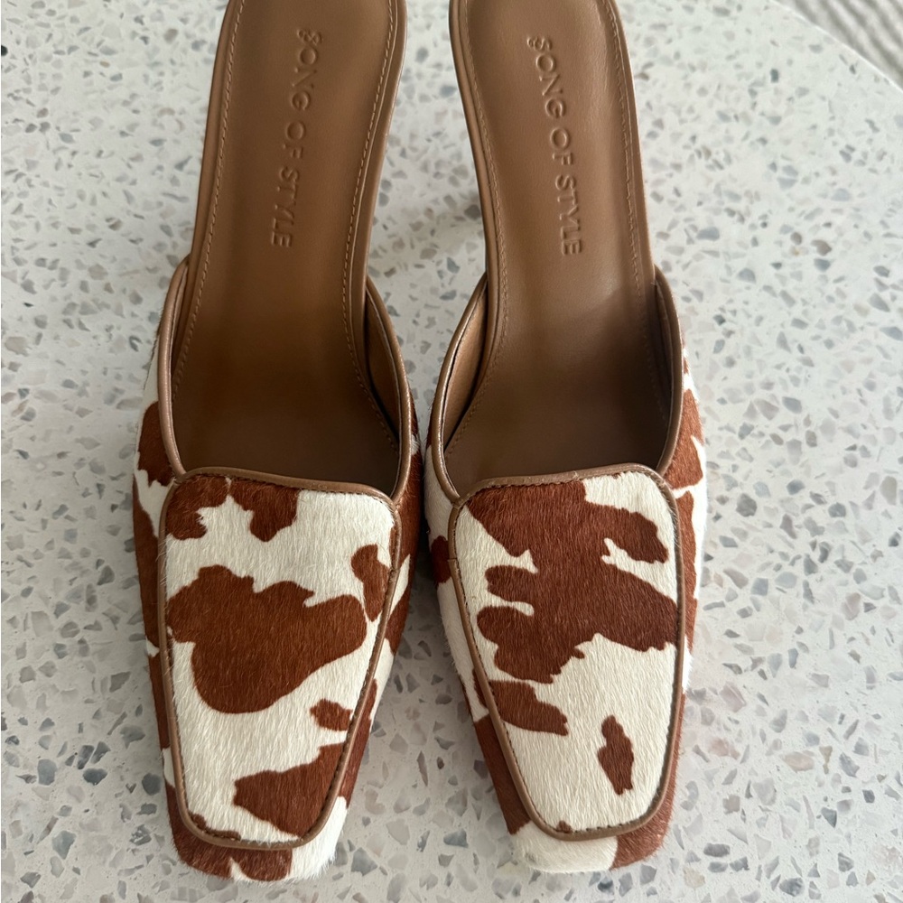 Song of Style Brown and White Mules with Cow Print